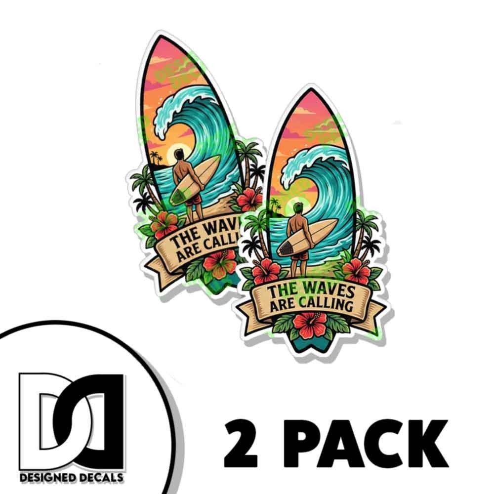 Tropical The Waves are Calling Surf Board Sticker Vinyl Decal Sticker 2 PACK