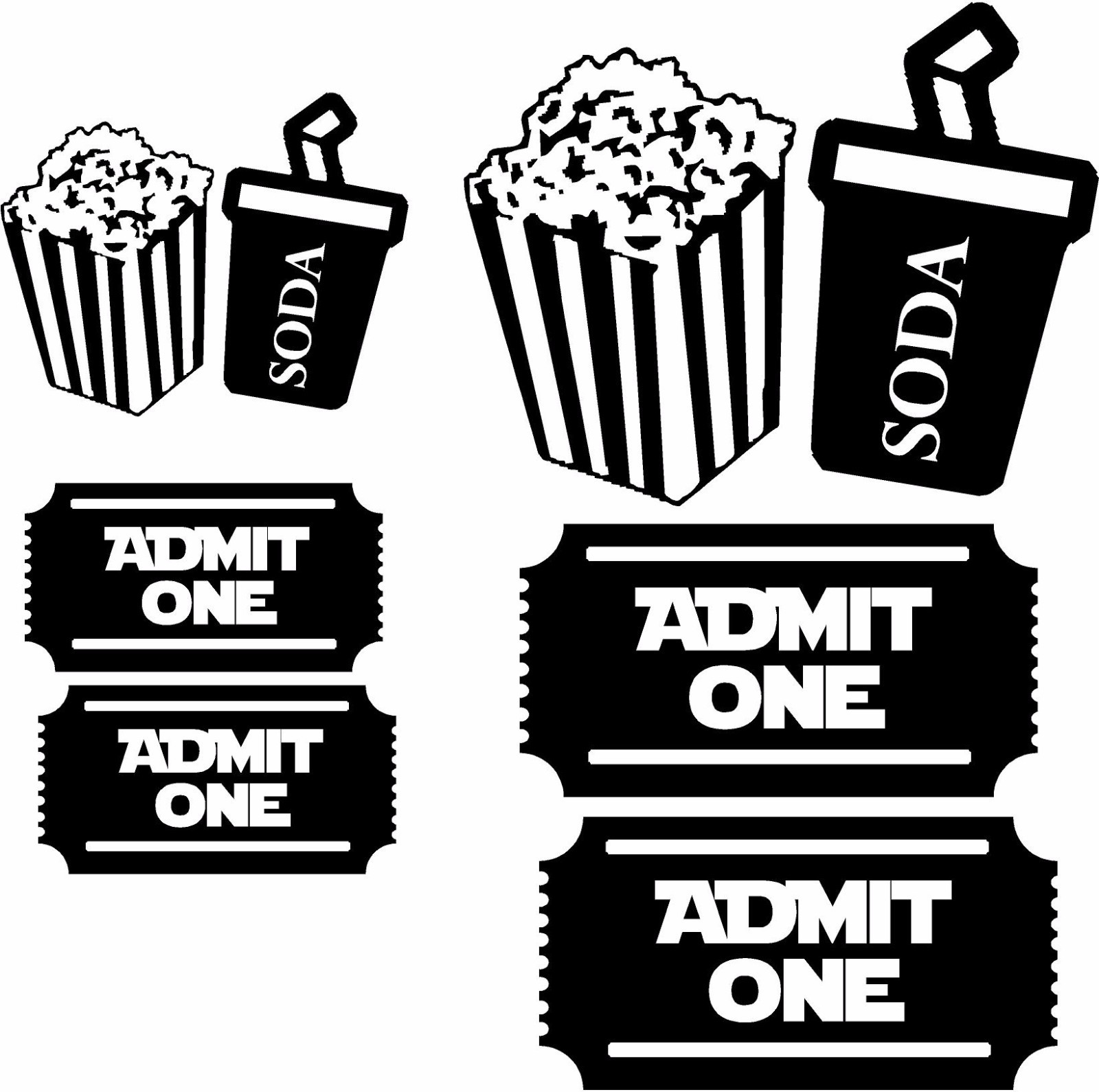 2 movie tickets Soda and Popcorn wall art mural theater room cinema decals
