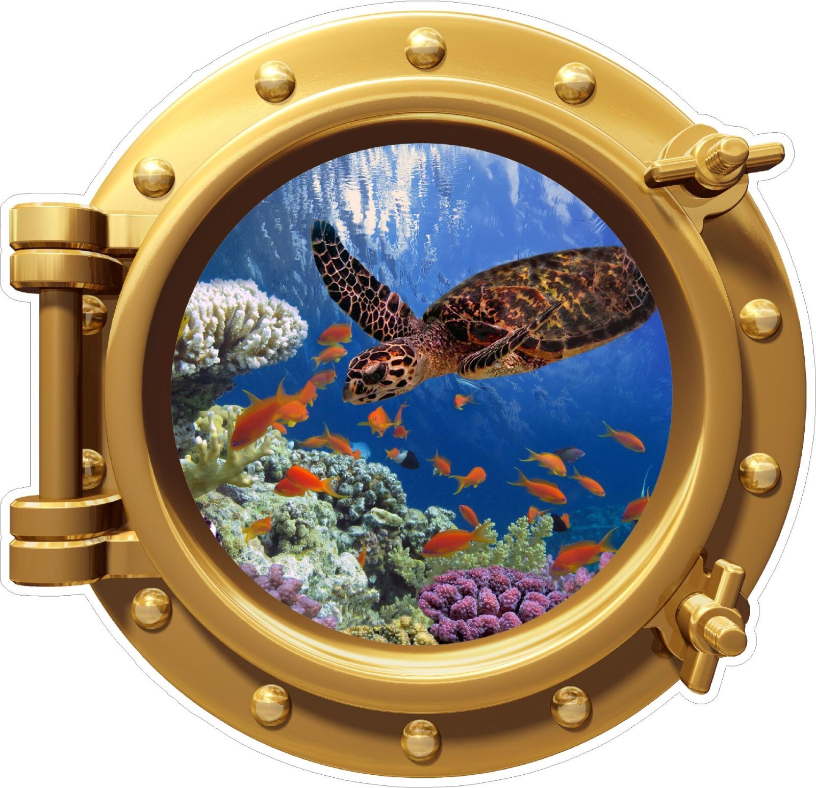 Ocean Coral Reef Turtle Fish Porthole Sticker Cute Decal Sea Beach Theme 16"x16"