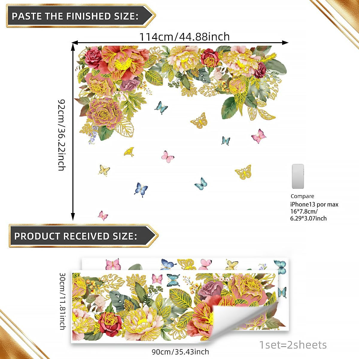 Gold Flower Butterfly Wall Decals Garden Floral Leaves Wall Stickers for Livi…