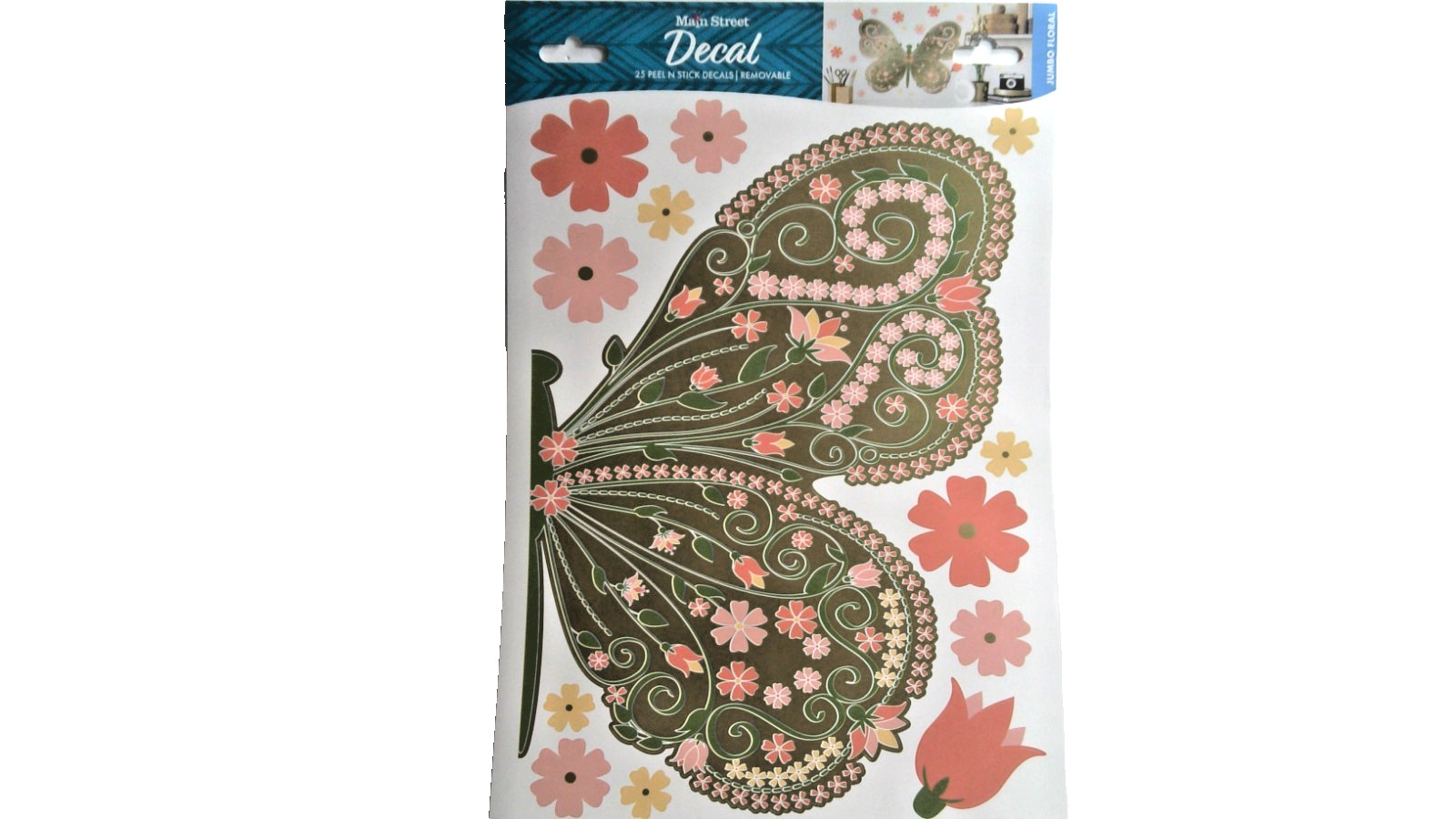 Main Street Jumbo Floral Butterfly Wall Decals 25 Pc Peel Stick NEW