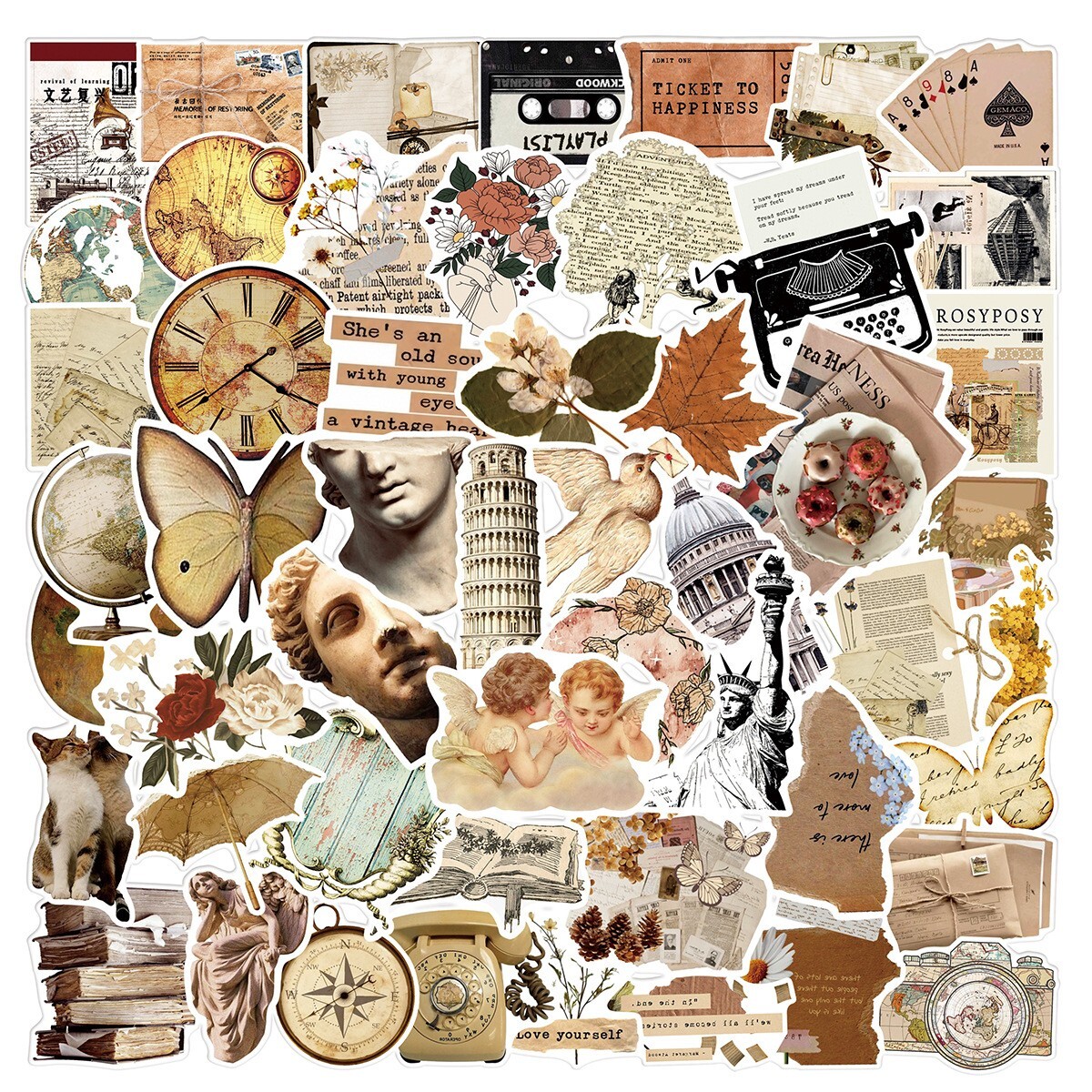 200pcs Retro Cottagecore Vintage STICKER PACK，#201206226251
