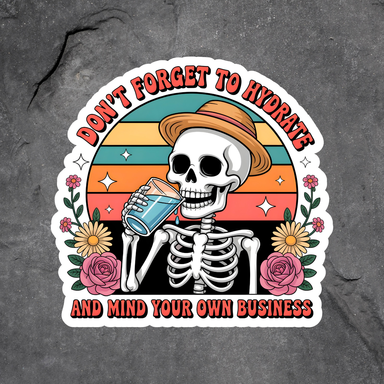 Skeleton sticker vinyl decal retro sunset flowers hydrate mind business