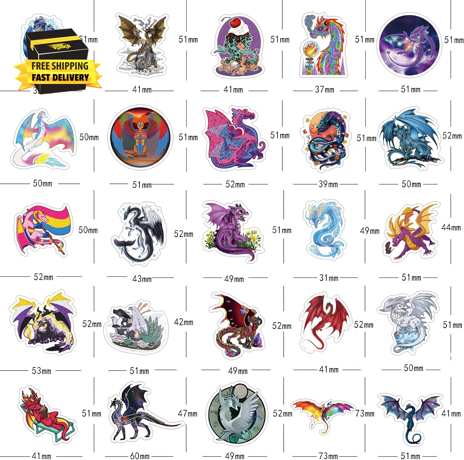 61Pcs Dragon Stickers Pack, Aesthetic Cartoon Cute Vinyl Waterproof Decals for W