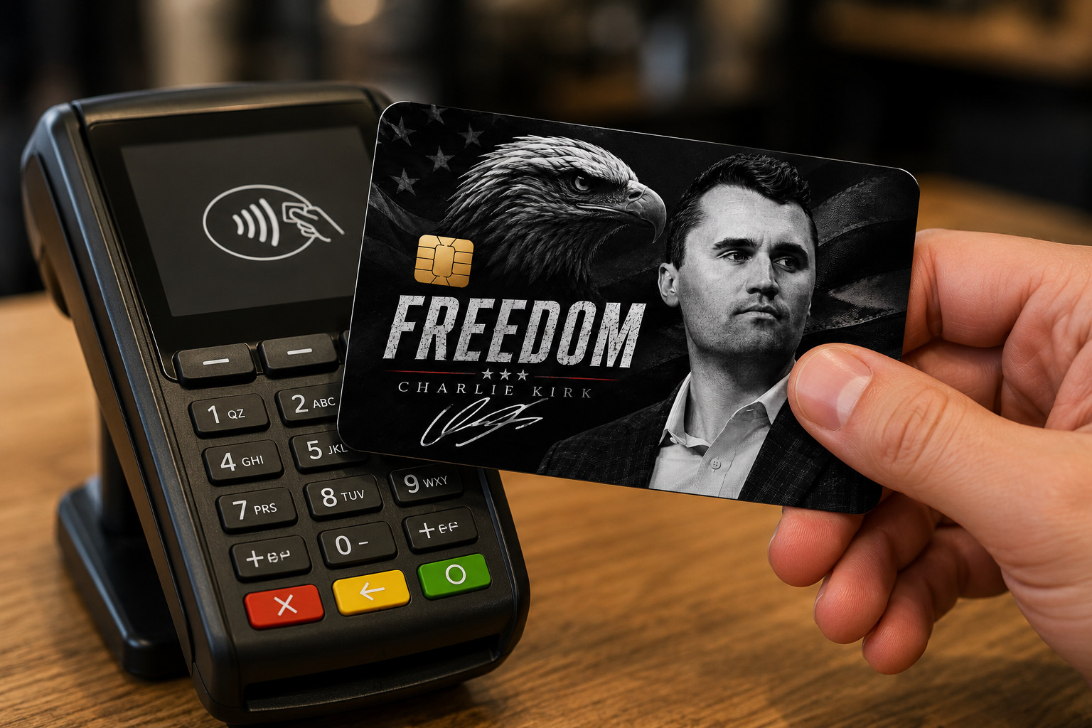 Credit Card Skin Charlie Kirk Freedom Vinyl Sticker Grayscale