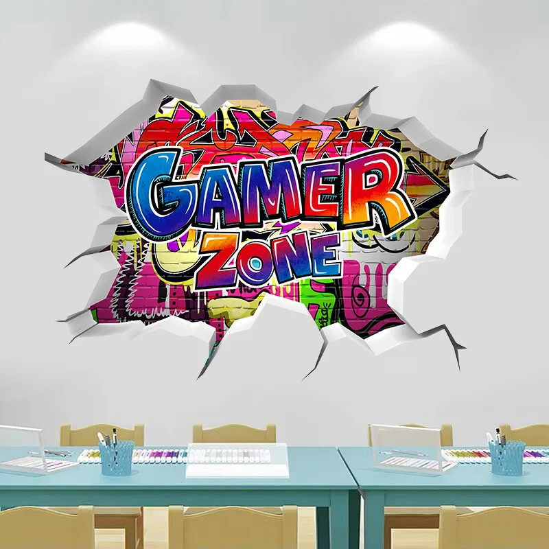 3D Broken Wall Gaming Controller Vinyl Sticker Kids Room Boy Bedroom Decor