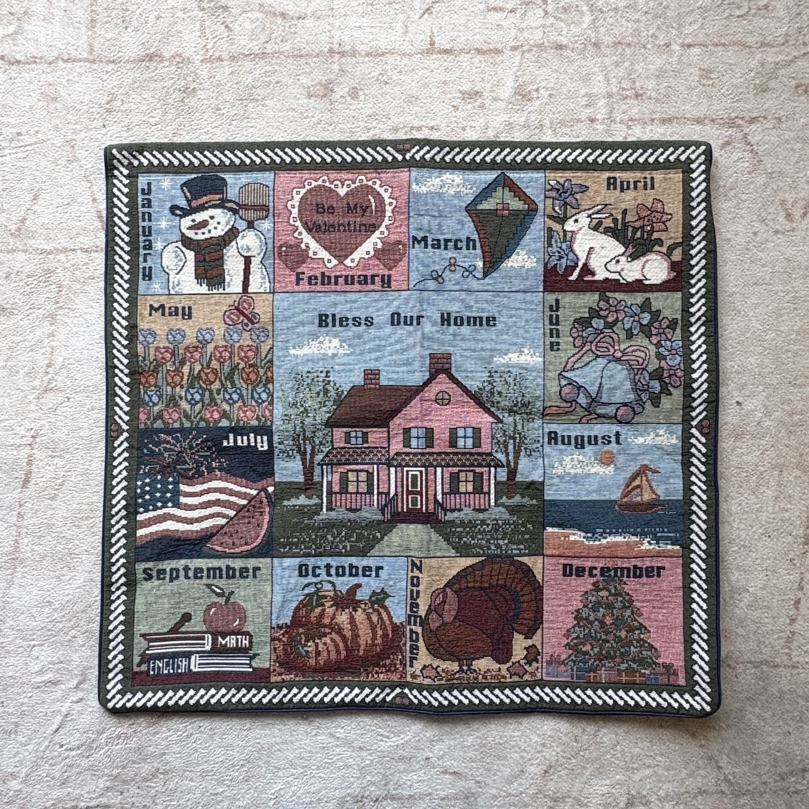 Vintage Bless Our Home 12 Months Woven Tapestry Wall Hanging Table Topper 20”