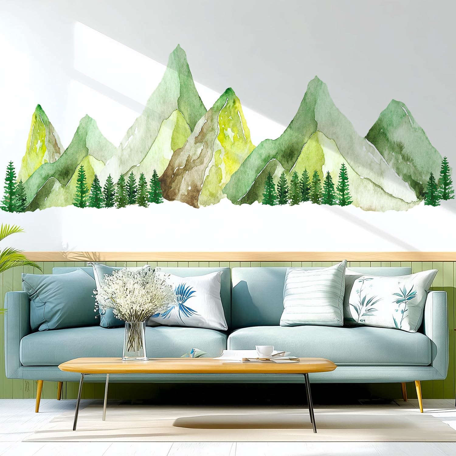 Mountain Wall Decal with Pine Trees – Scenic Forest Range Wall Stickers, Boho…