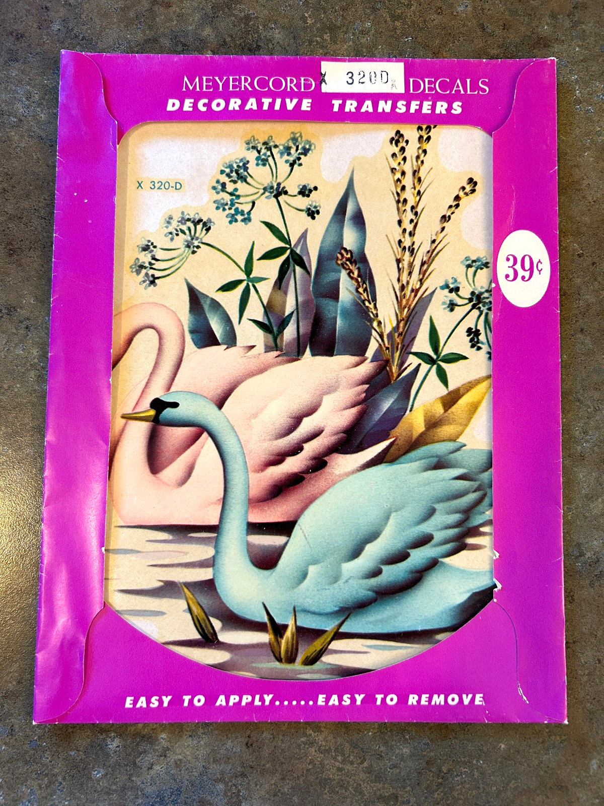 VTG Meyercord Decorator Decals Pink & Blue Swans 320-D Wall or Anywhere Decor