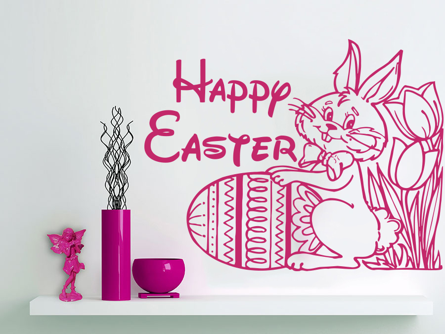 Happy Easter Wall Decal Vinyl Eggs Design Rabbit Sticker Kitchen Cafe Art NS985