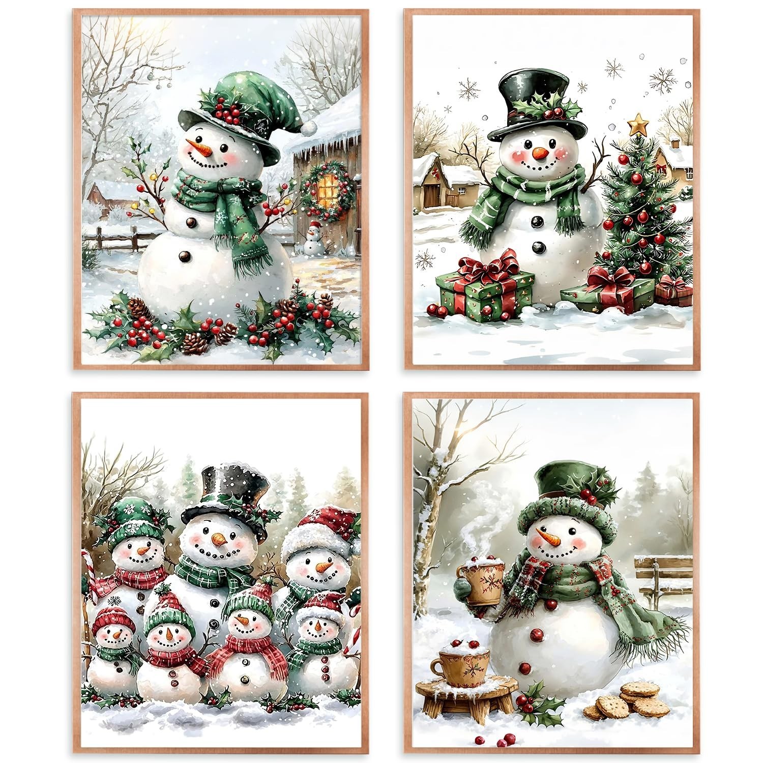 Qabliqo Vintage Christmas Snowman Wall Art Prints Set of 4, Holiday Winter Ch…