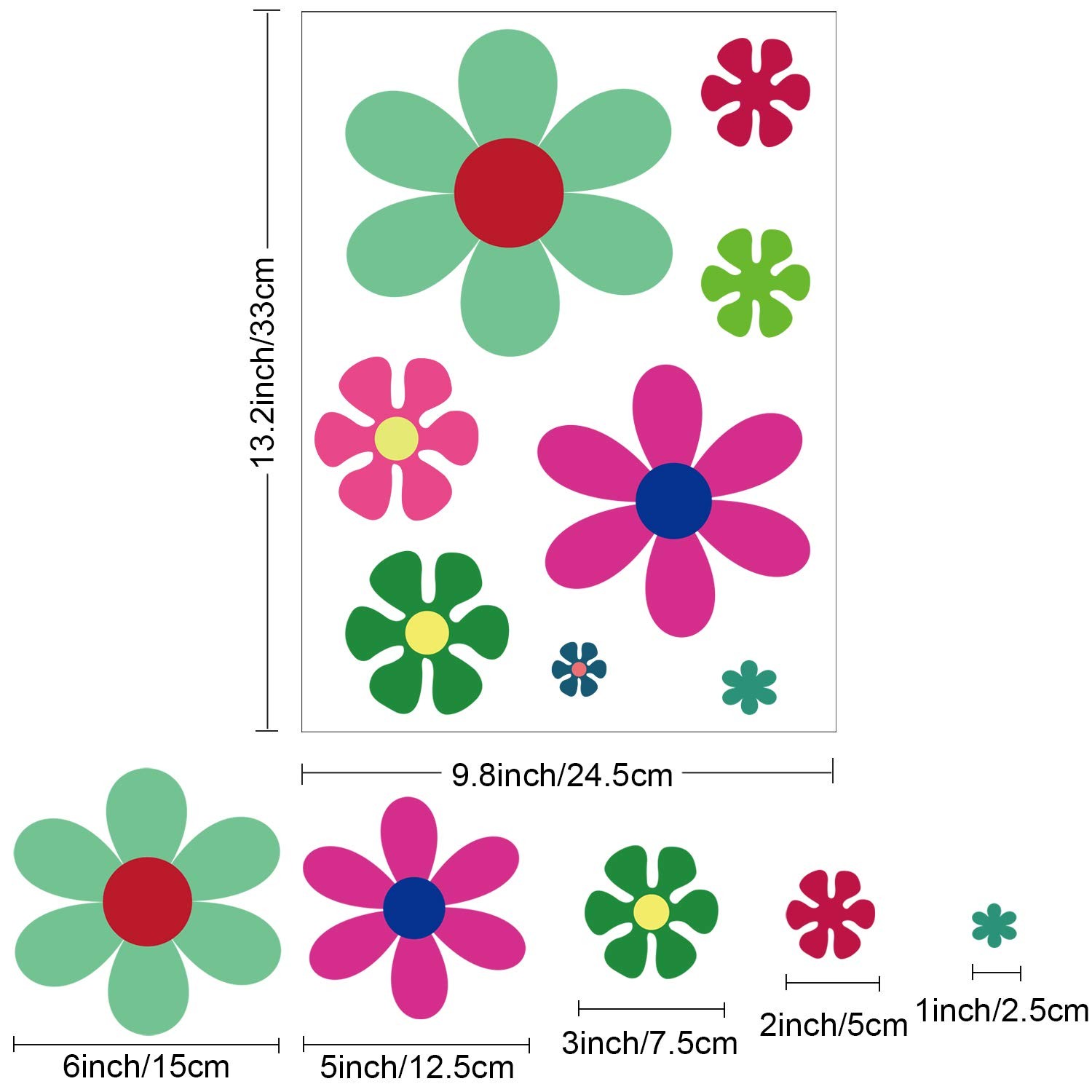 Zonon 12 Sheets Daisy Stickers Flower Car Decals 96 Piece Set, Multicolored
