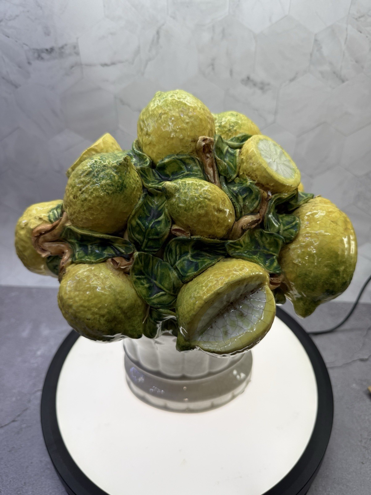 Beautiful decorative Italian Majolica ceramic basket of lemons, Centerpiece.