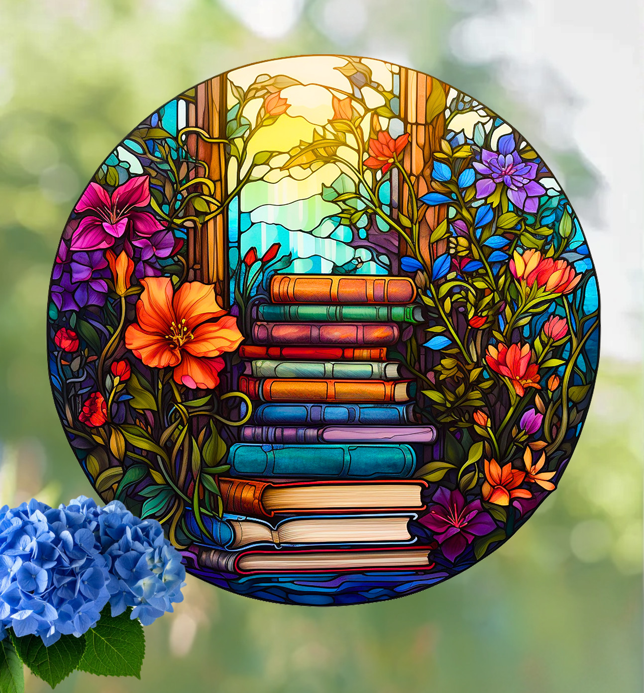 Books & Flowers Faux Stained-Glass WINDOW CLING Size 8" Round Vinyl