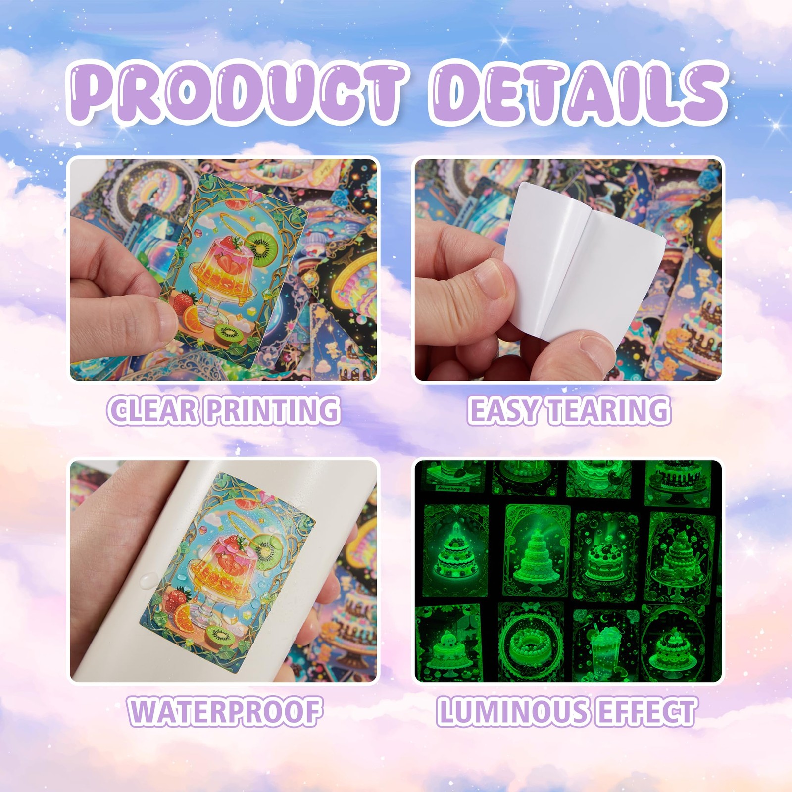 Glow in The Dark Iridescent Cake Dessert Stickers for Kids, Fantasy Cartoon S…
