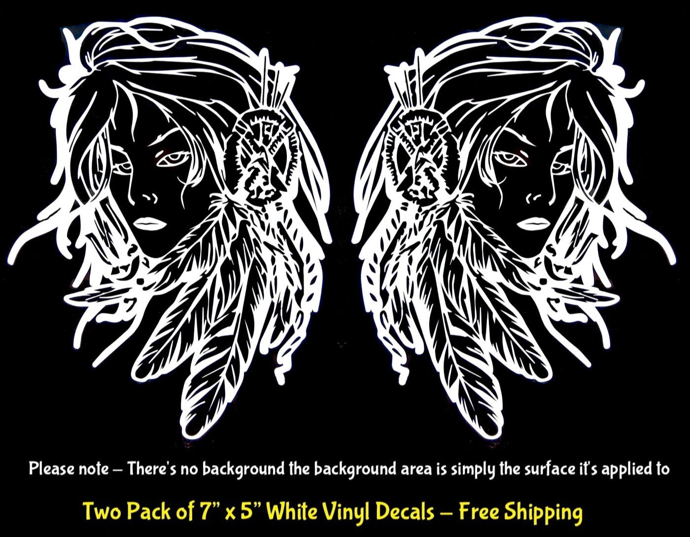 Boho Tribal Woman with Native American Feathers Two 7" White Vinyl Decals Window