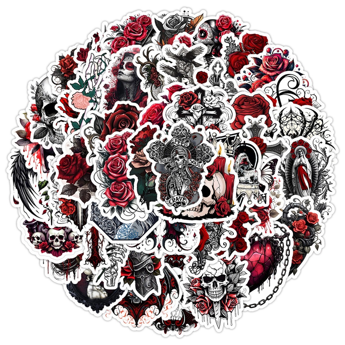 50pcs Waterproof Vinyl Stickers Red Gothic Style Skull Luggage Phone Laptop Car