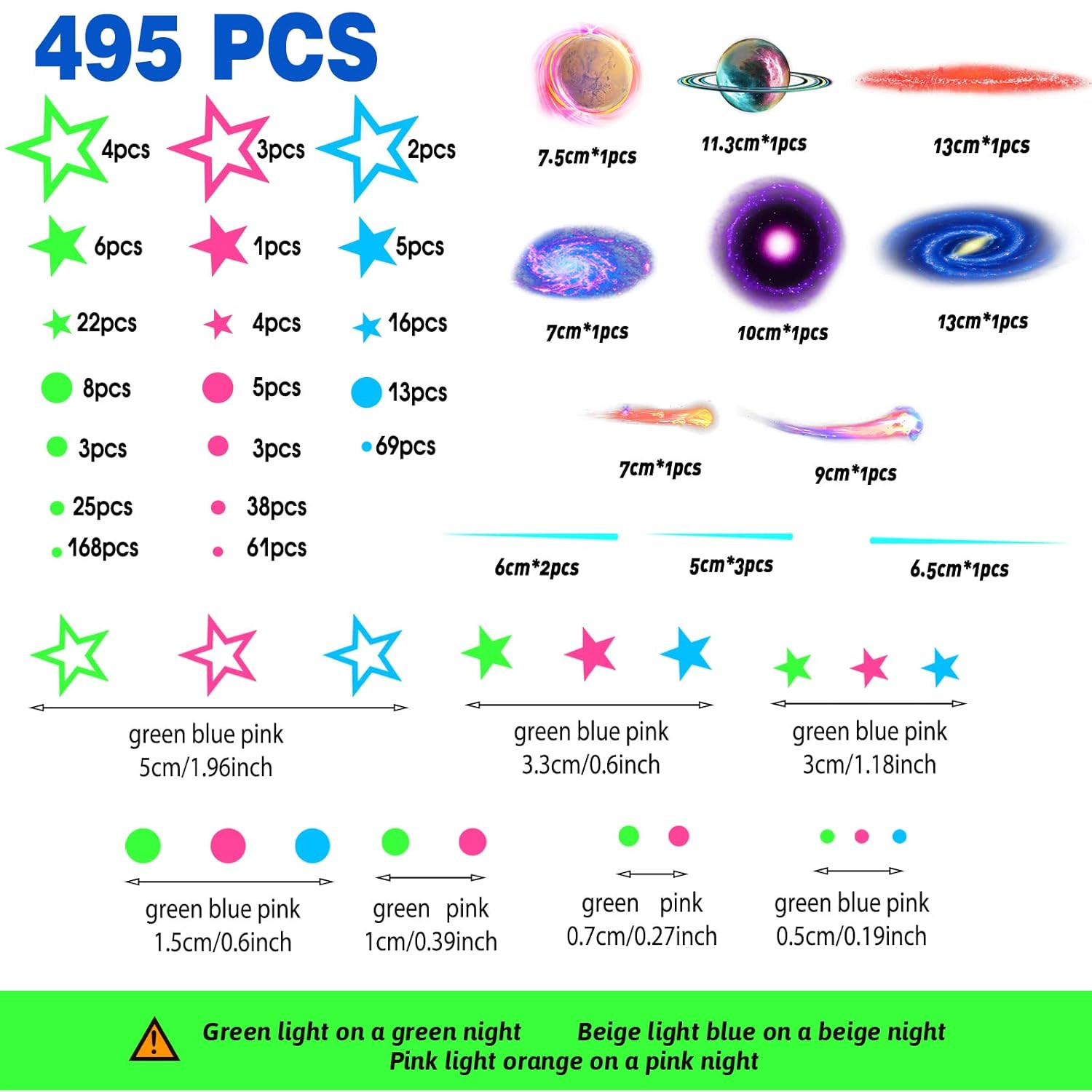 495 Pcs Glow in the Dark Moons and Stars Wall Decals for Ceiling,Glowing Planets