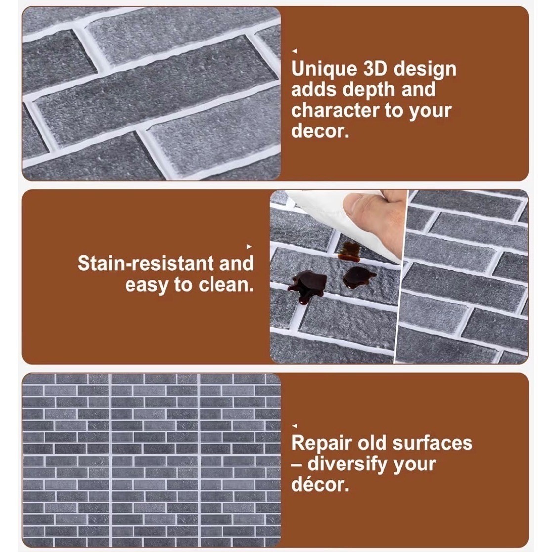 10 Pack Gray 3D Faux Brick Wall Panels Peel & Stick Waterproof Foam Tiles 9.7sf