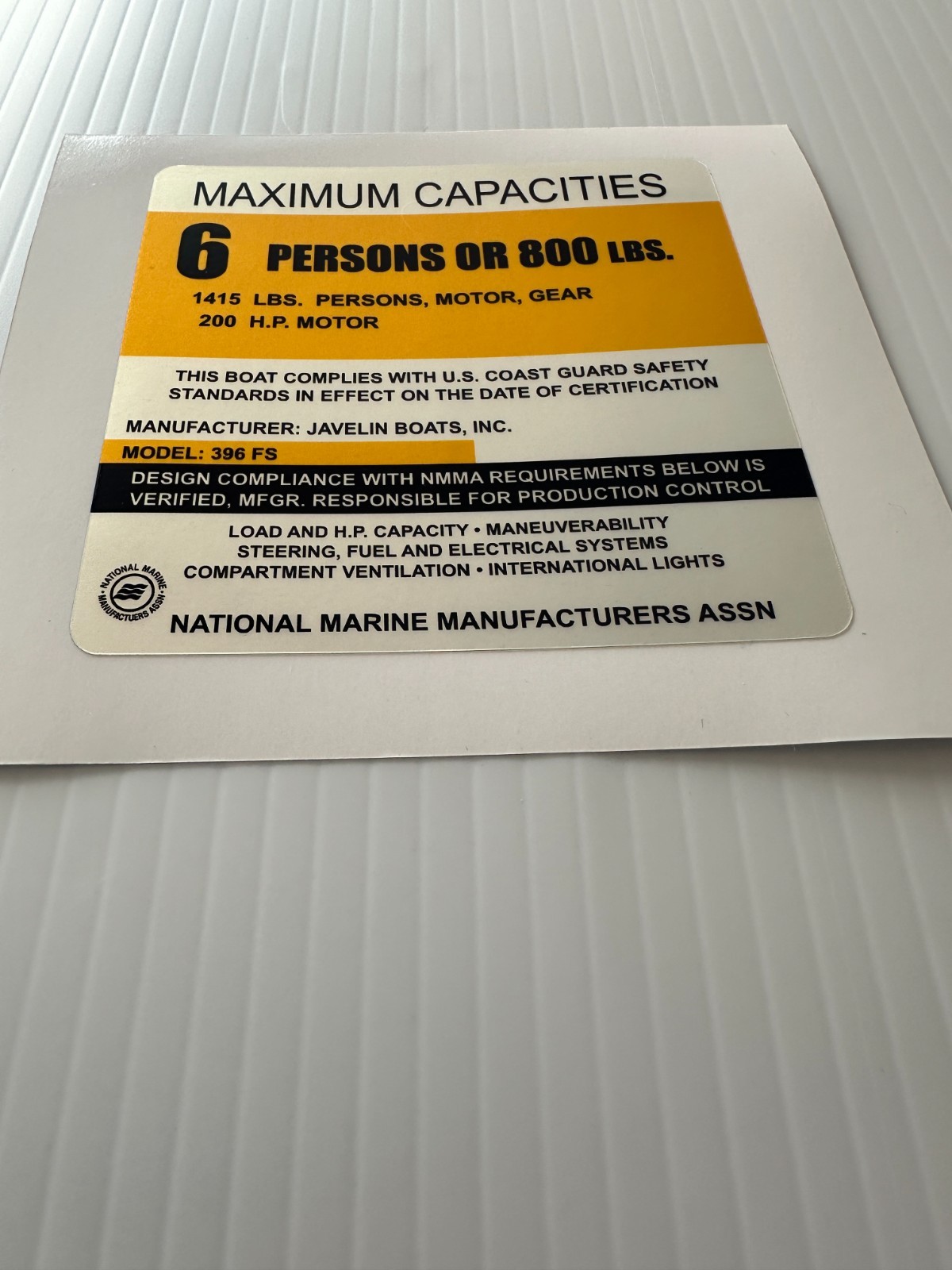 Javelin 396 FS Boat Capacity Plate Decal Replacement Sticker USCG NMMA