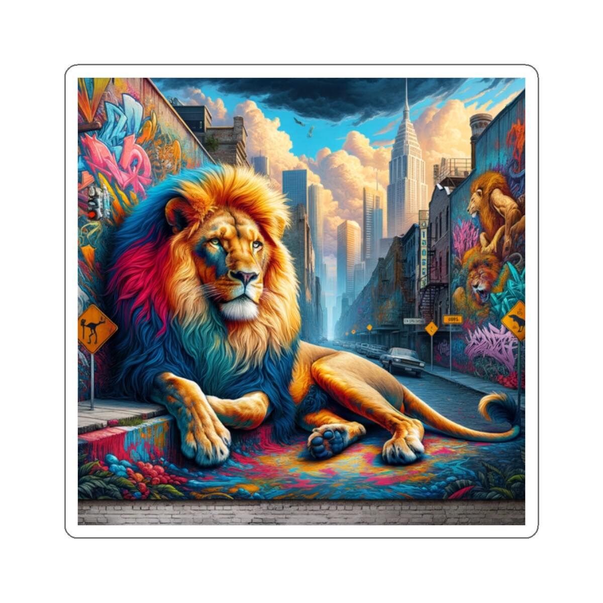 Sticker Lion Graffiti Urban Art Vibrant Colors 2×2 3×3 4×4 6×6