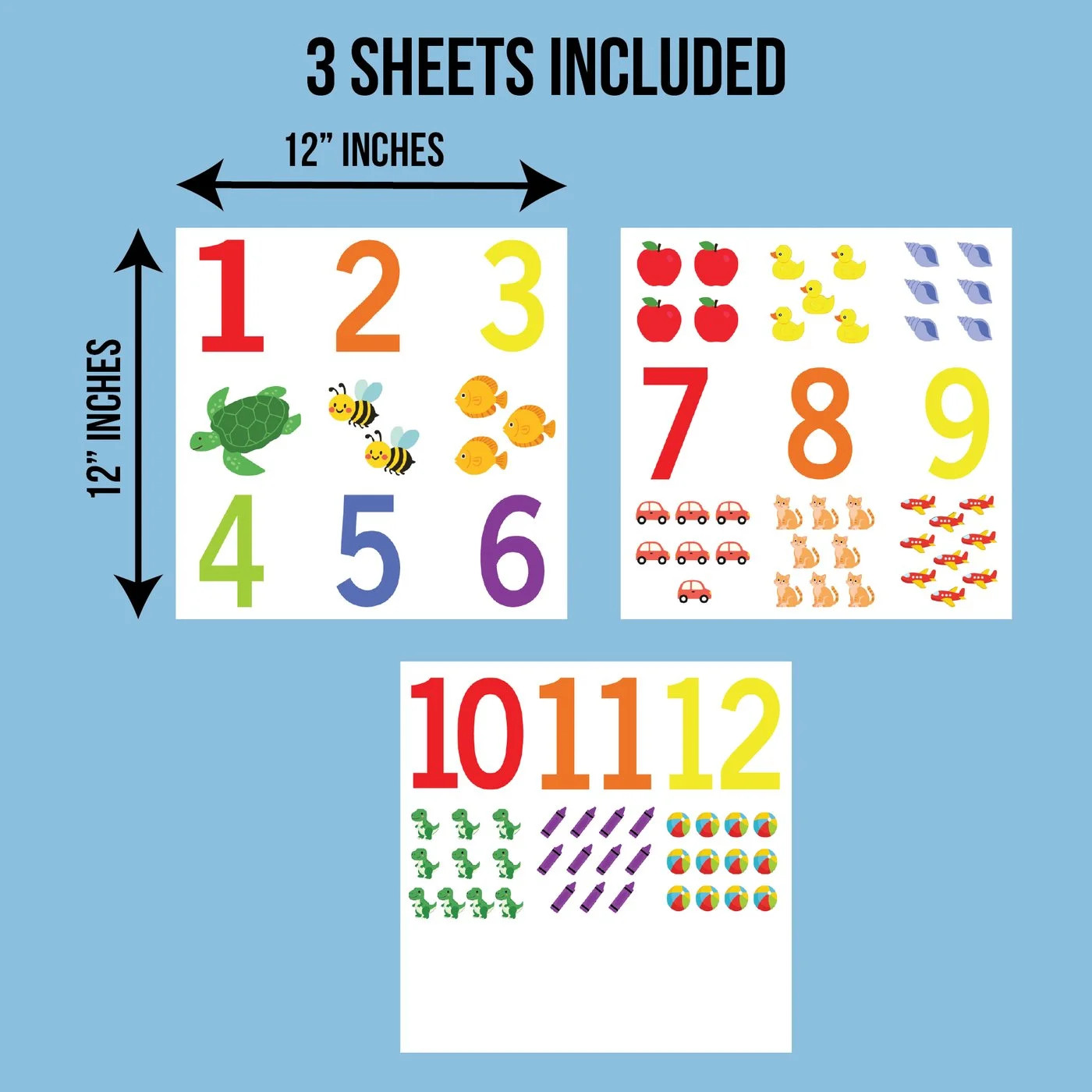 Number Window Clings 24 Piece Counting Set 3 Sheets 12×12 Numbers 1-12 Decals