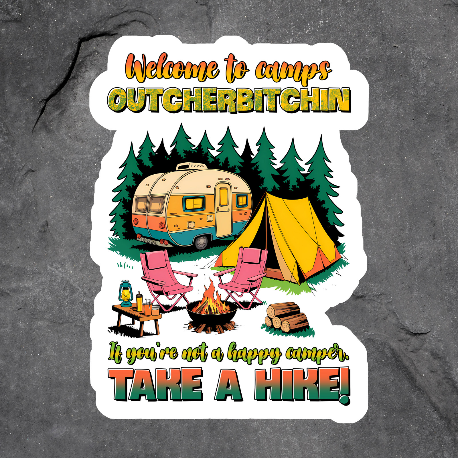 Funny camper sticker vinyl decal camping humor outdoors tent rv fire take a hike