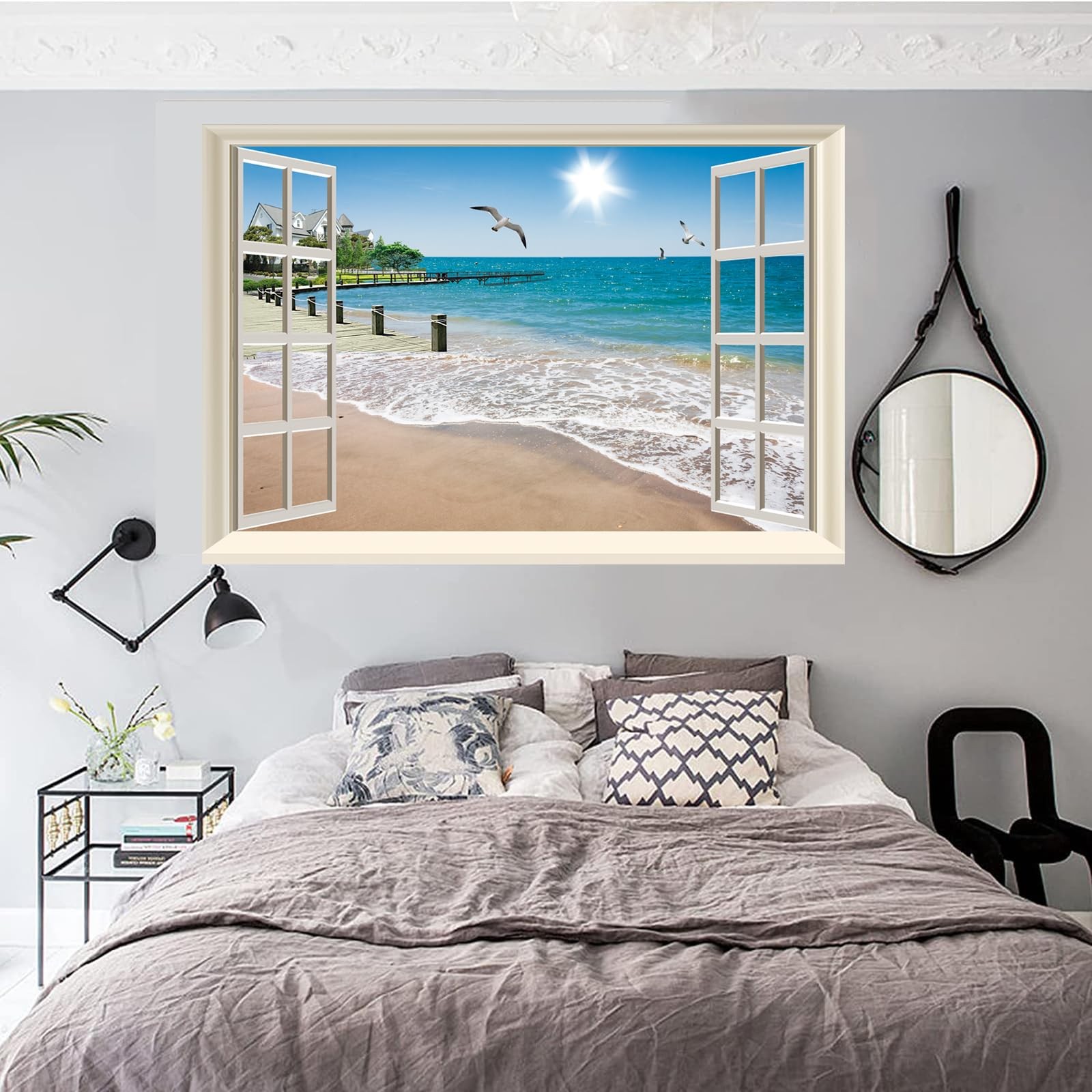 Fake Window Wall Decal, Summer Beach Seascape Peel and Stick Wall Sticker, Fa…