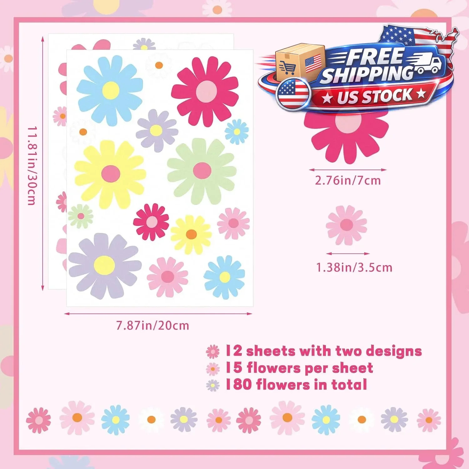180Sheets Flower Wall Decals Cute Colorful Vinyl Stickers for Girls Kids Room De