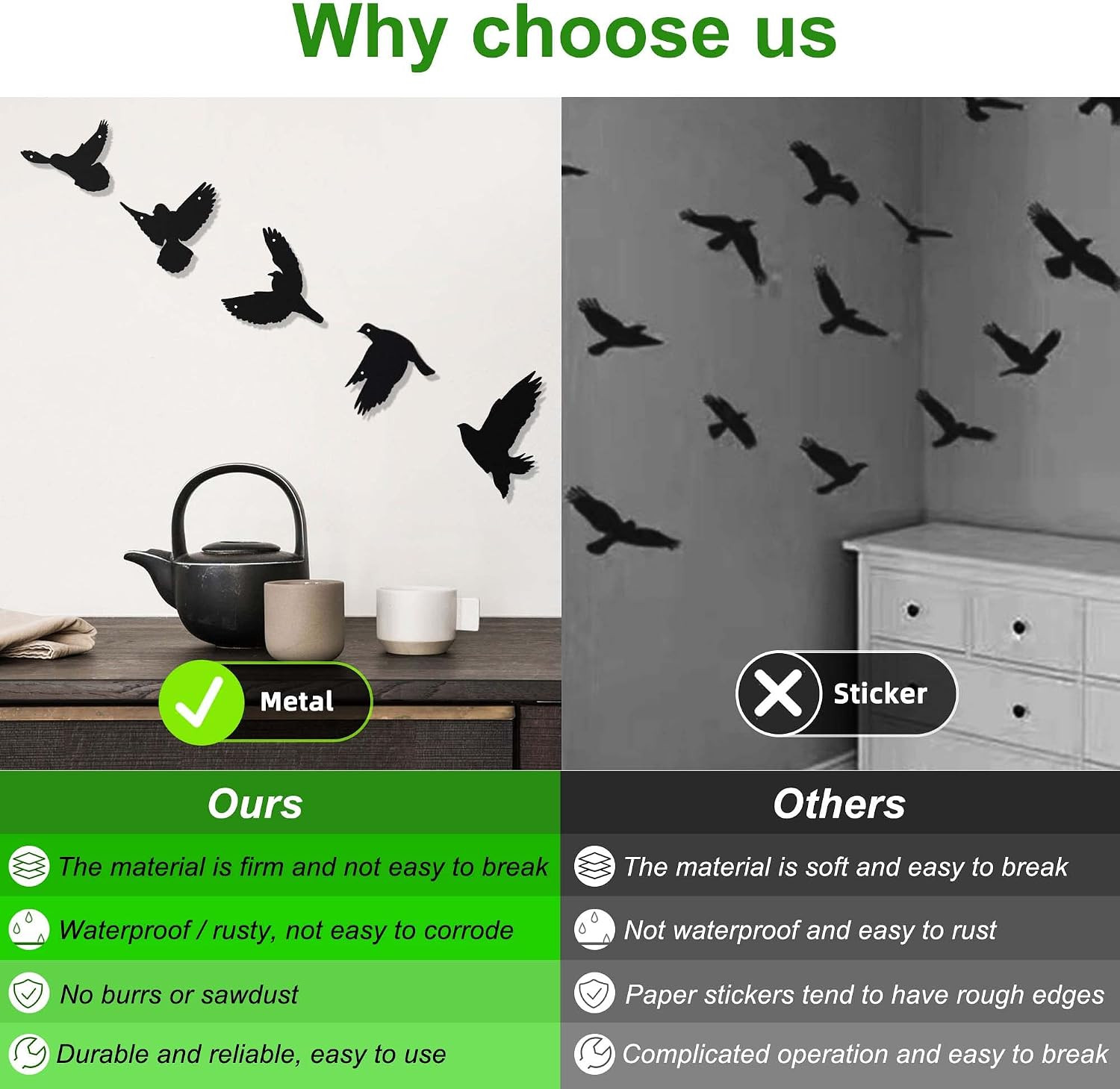 Art Metal Wall Decor, 5Pcs 3D Modern Black Birds Metal Wall Stickers for Living