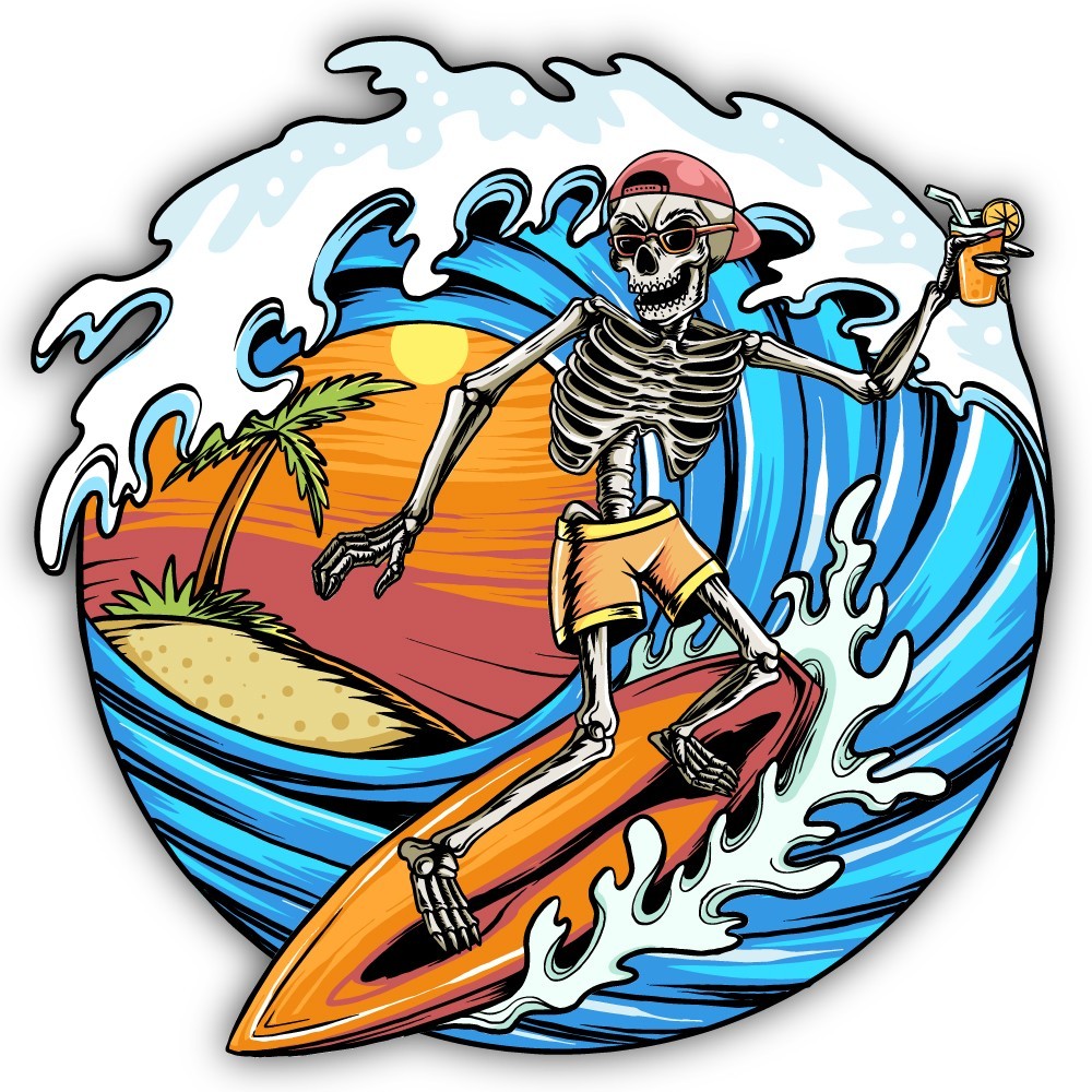 Retro Surfing Skeleton Surfer Drinking Cut To Shape Vinyl Sticker