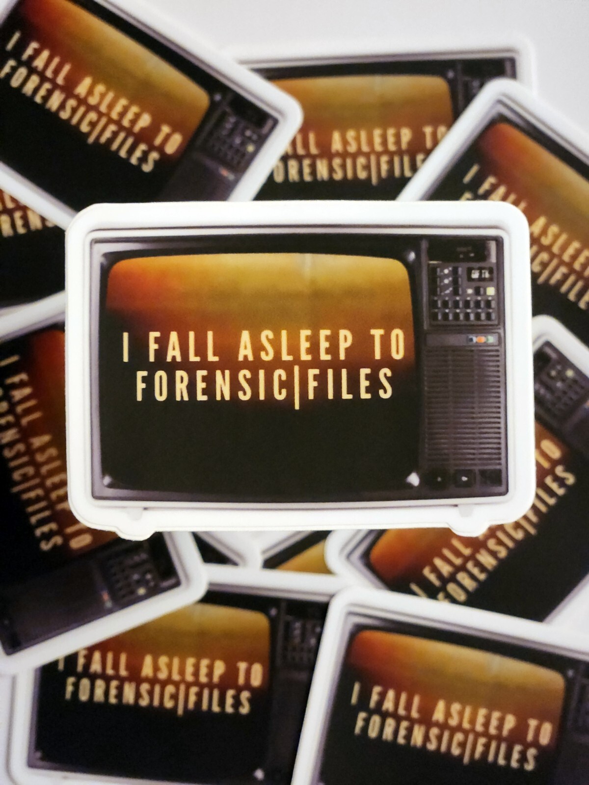 I FALL ASLEEP TO TRUE CRIME RETRO TV 3"X3" STICKER