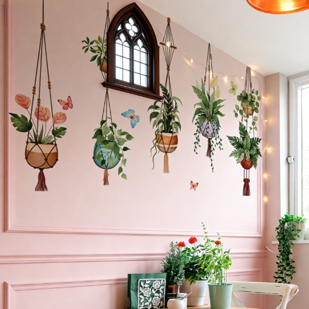 Window Stickers with Spring Potted Plant Design for Home Wall Decoration Green