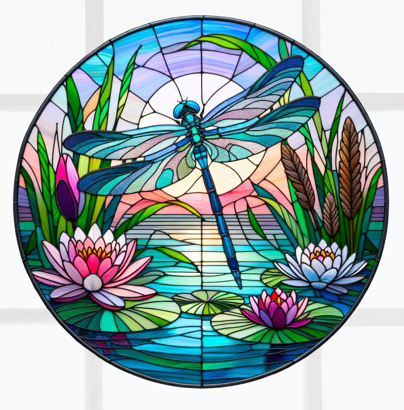 Dragonfly Water Lily Faux Stained-Glass WINDOW CLING Sun-catcher Size 8" Round