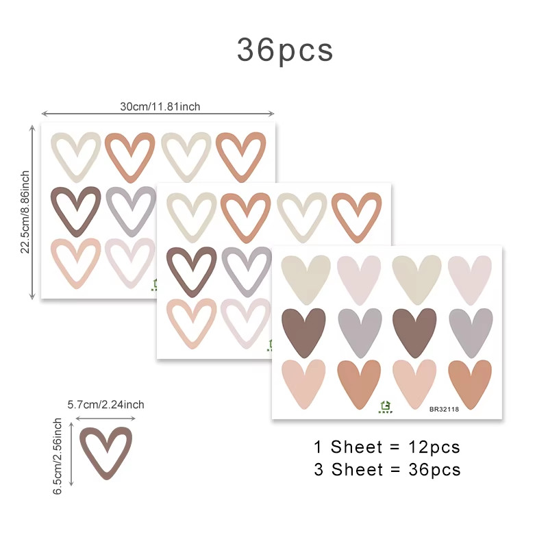 36Pcs Heart Shape Trendy Boho Style Wall Stickers Bohemian Wall Decals for Livin