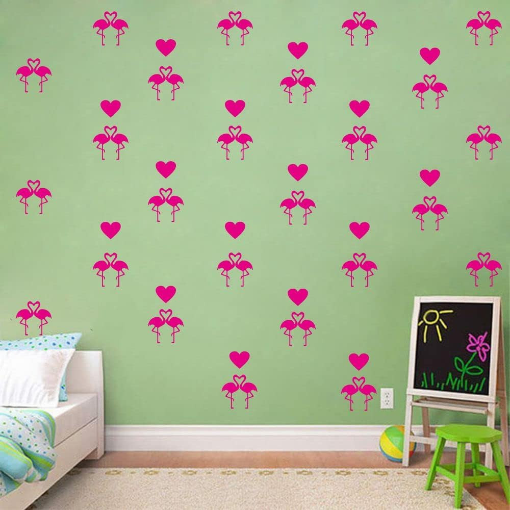 Flamingo Wall Stickers Set – 24 Removable PVC Decals with Silhouette and Hearts