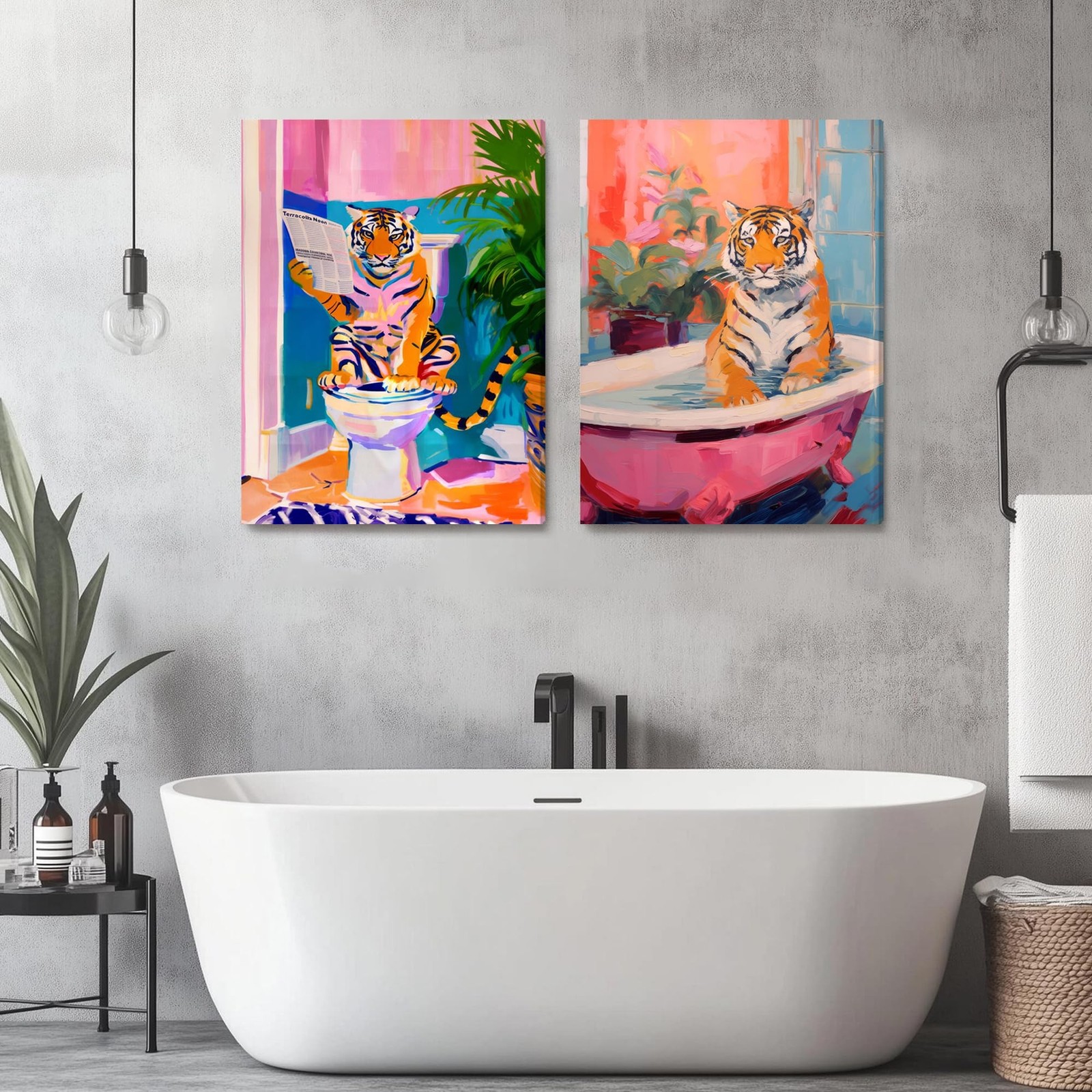 FWAHREN Tiger on Toilet Funny Bathroom Wall Art, Eclectic Cute Animal Paintin…