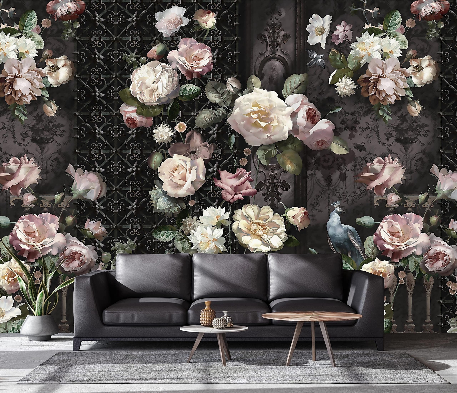 Cliouar-Black Fence Bird Peacock Pink Yellow White Rose 3D Mural Wallpaper Be…