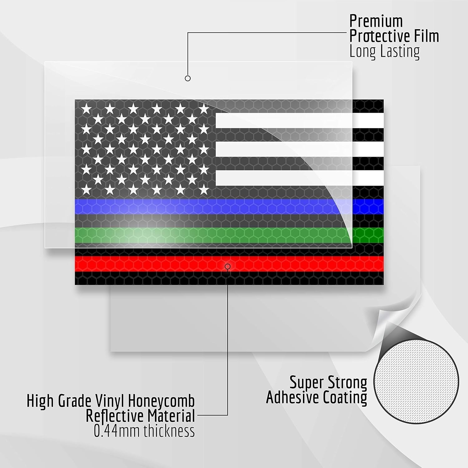 3PC Reflective Thin Line American Flag Sticker – 5×3 Inches – Blue Green and …