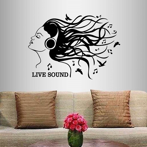 Vinyl Decal Live Sound Girl Long Hair Headphones Music Notes Wall Sticker 2429