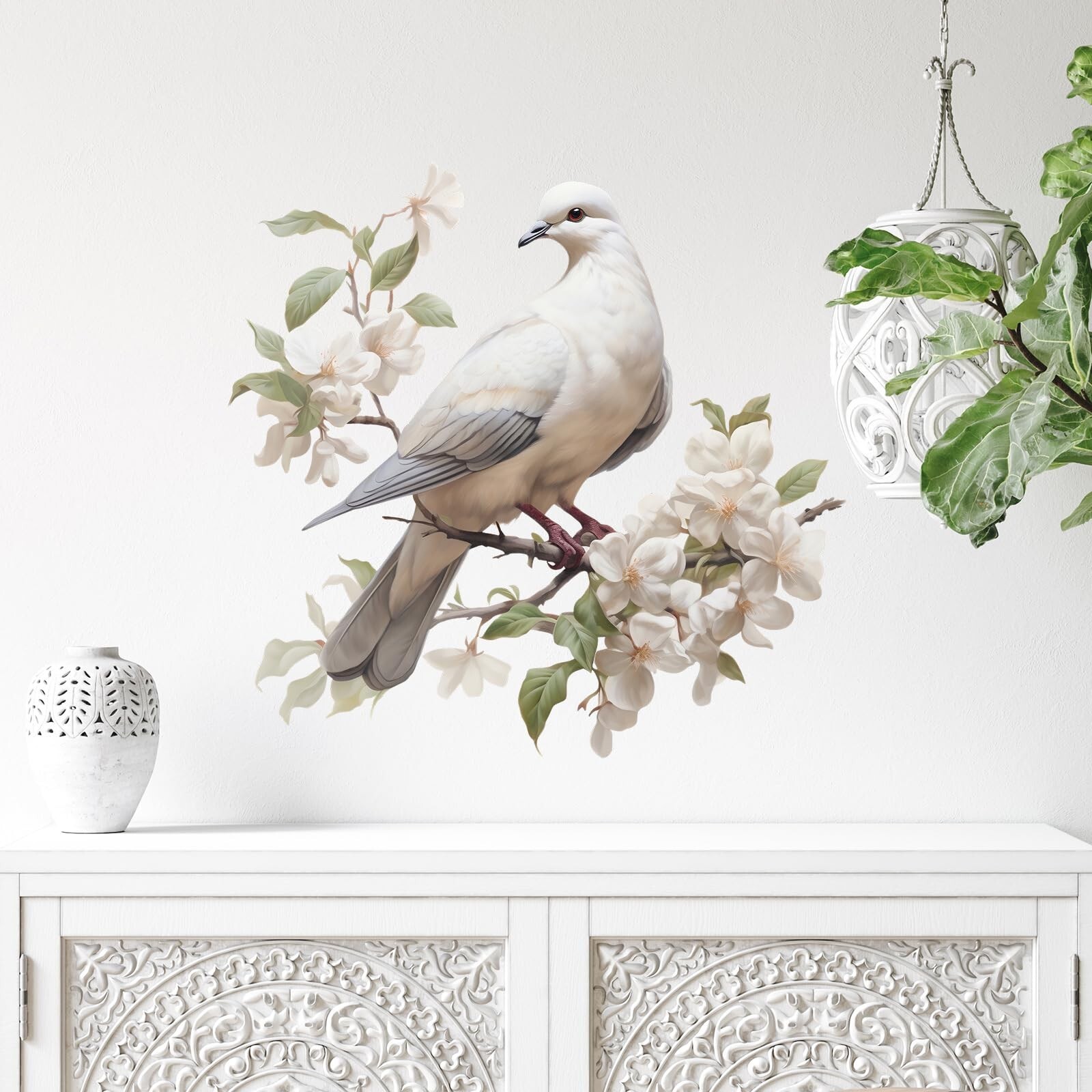 Watercolor Soaring Dove Amidst Blooming White Flowers Wall Stickers Nursery A…