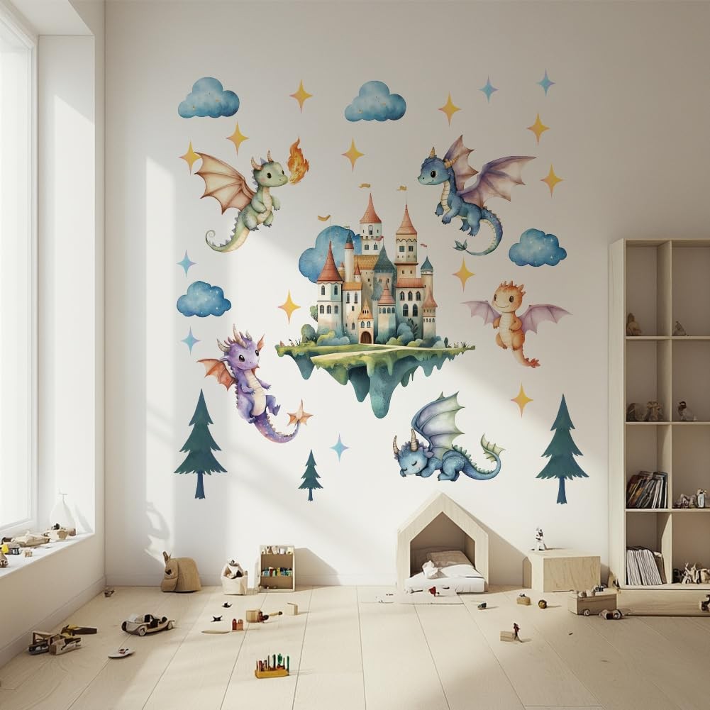 Flying Dragon Wall Sticker Cartoon Castle Wall Decal Peel and Stick Dragon Vi…