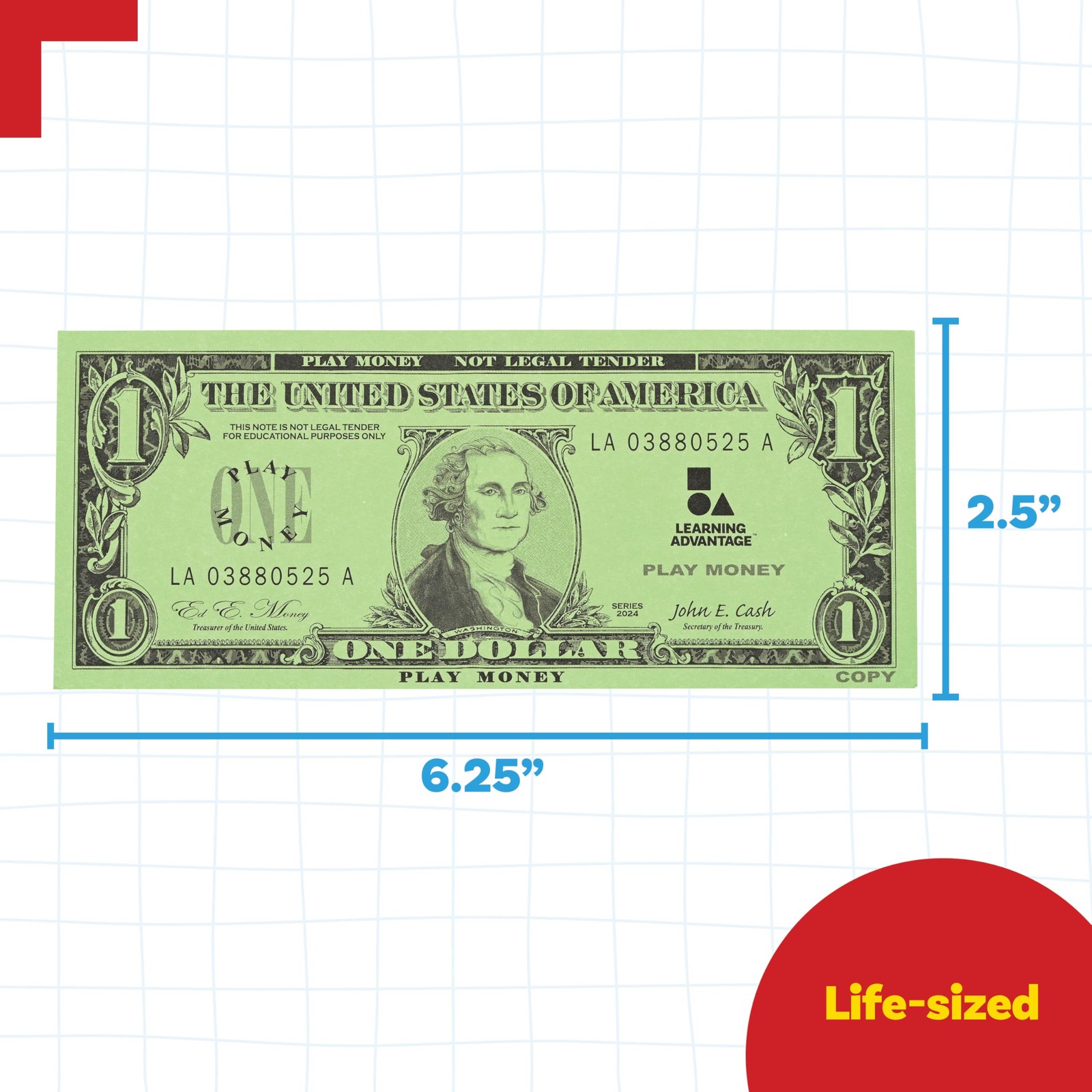 LEARNING ADVANTAGE One Dollar Play Bills | Set of 1 Count (Pack 1), Green