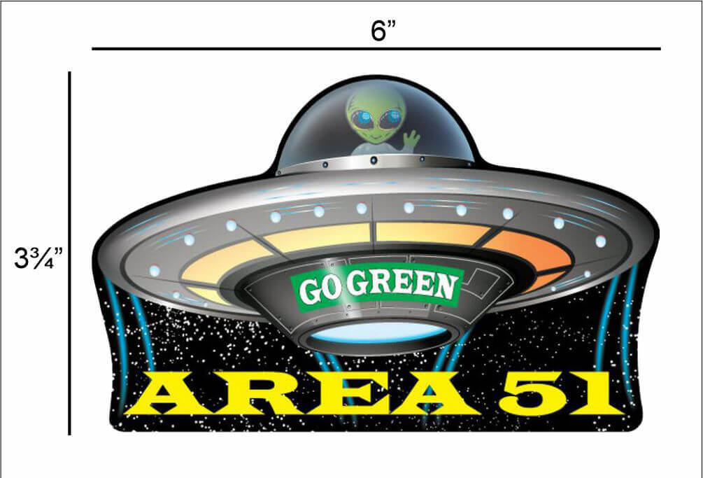 Area 51 Go Green Flying Saucer UFO – Postcard Sized Vinyl Sticker 6" x 3.75"