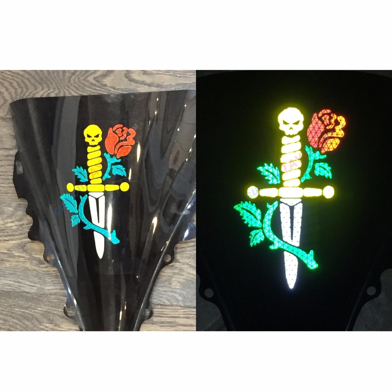 High Intensity REFLECTIVE Skull Dagger Rose Decals Stickers Window Car Moto Bike