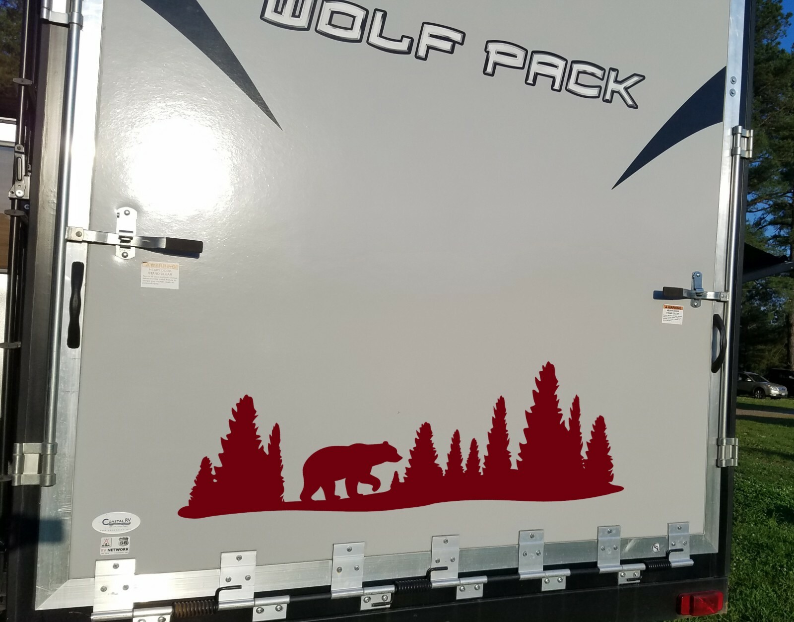 Bear in Tree Line V4 Vinyl Decal RV Graphics Motorhome Pine Trees Forest Camping