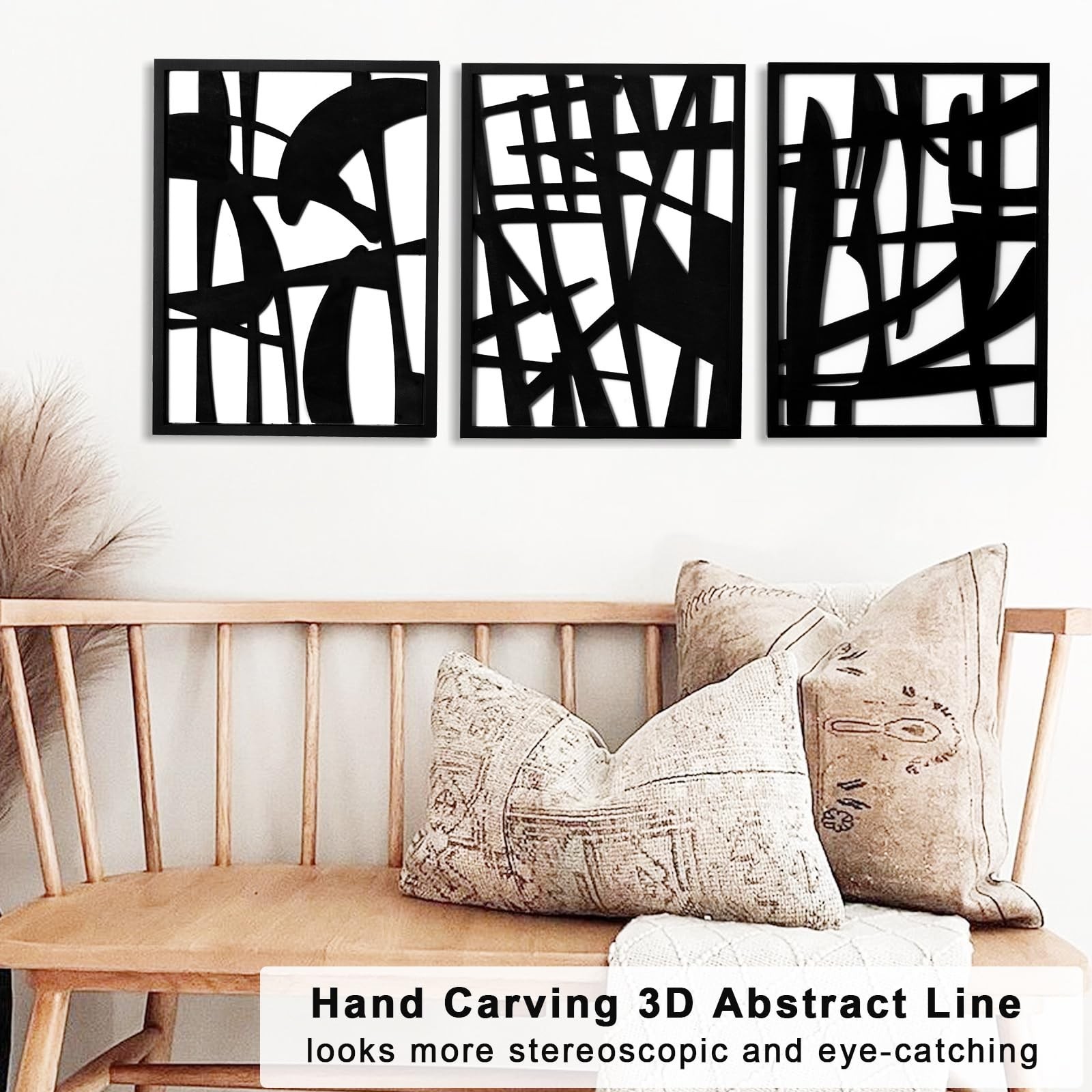 3D Wood Abstract Wall Art, Framed Black and White Wall Art, Modern Minimalist…