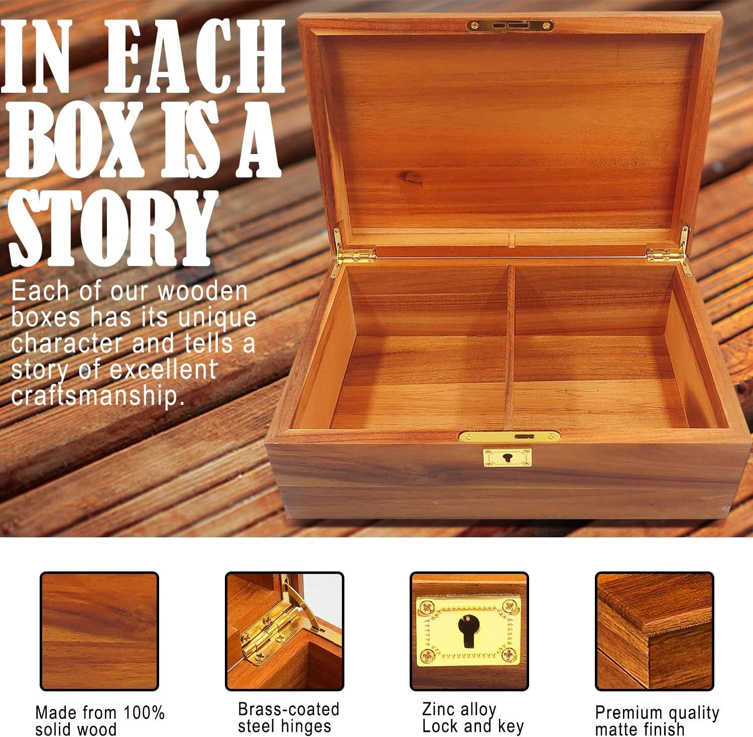 Wood Box Large Decorative Wooden Storage Box with Hinged Lid and Locking Key Pre
