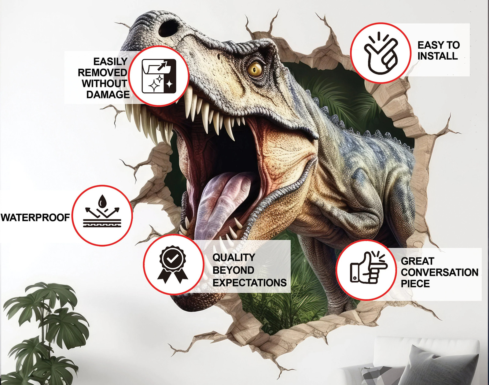 3D Dinosaurs Art Wall Sticker – Vinyl Decal Decor with Dynamic Broken Illusion