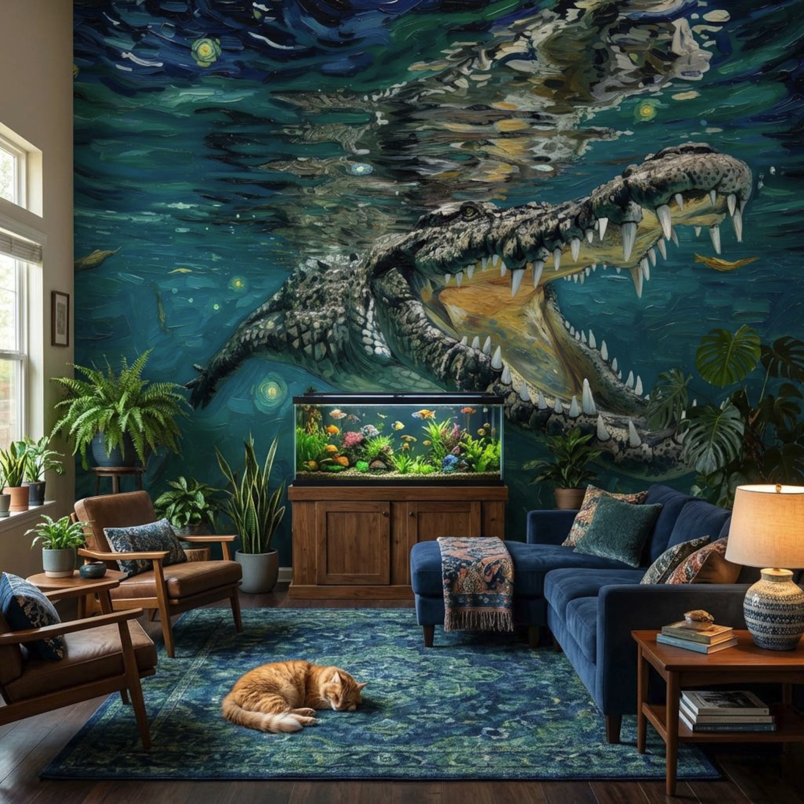 Underwater Alligator Crocodile Wall Mural, Van Gogh Starry Night Style Wallpaper